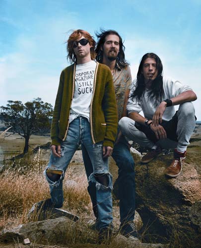 From left to right: Lead singer Kurt Cobain, bassist Kriss Novoselic and drummer Dave Grohl from the band Nirvana photographed in 1992, the year they made their first appearance at the MTV VMAs.