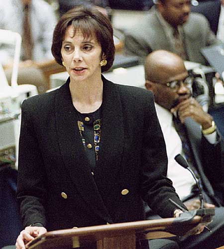 Deputy Dist. Atty. Marcia Clark tells the jury and the court that the people are resting their case. 