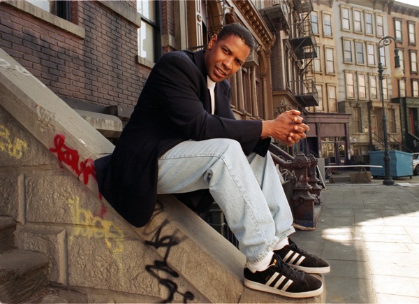 Actor Denzel Washington on the backlot of 20th Century Fox Studios in Los Angeles in 1996.