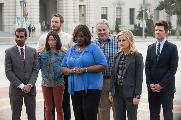 Aziz Ansari, left, Aubrey Plaza, Chris Pratt, Retta, Jim O'Heir, Amy Poehler and Adam Scott in "Parks and Recreation."