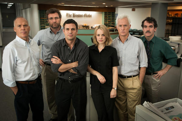 Michael Keaton, left, Liev Schreiber, Mark Ruffalo, Rachel McAdams, John Slattery and Brian d'Arcy James in 'Spotlight.'