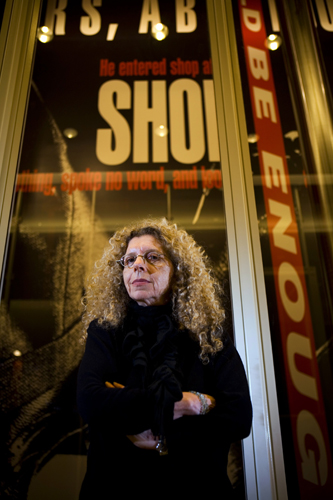 Artist Barbara Kruger stands outside an elevator shaft where her mural <a href="http://collections.lacma.org/node/215500" target="_blank">"Untitled (Shafted)"</a> is displayed at the Broad Contemporary Art Museum.