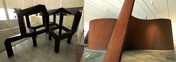 <a href="http://collections.lacma.org/node/215109" target="_blank">Tony Smith's "Smoke,"</a> left, and <a href="http://collections.lacma.org/node/214935" target="_blank">Richard Serra's "Band."</a>
