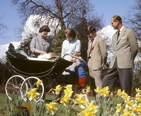 From left to right, Queen Elizabeth II, Prince Edward, Princess Anne, Prince Andrew, Prince Charles and the Duke of Edinburgh celebrate the queen's birthday at Frogmore House, Windsor, on April 21, 1965. 