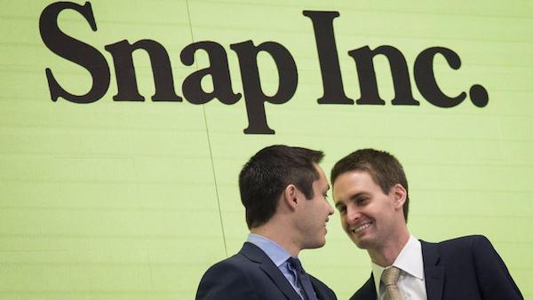 Snapchat co-founders Bobby Murphy and Evan Spiegel after ringing the opening bell at the New York Stock Exchange.
