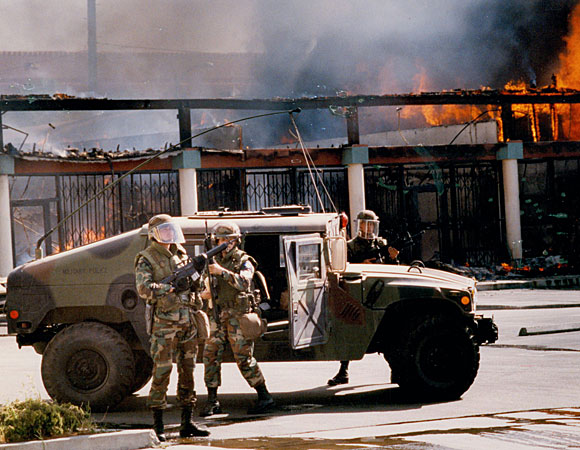 National Guard troops at Martin Luther King Boulevard and Vermont Avenue. (April 30, 1992)