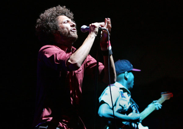 Zack de la Rocha of Rage Against the Machine sings April 29, 2007.