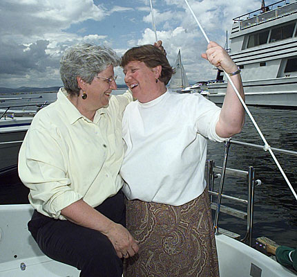 Lynn Goyette, left, and Eileen Blackwood have an early appointment to get a civil union license.