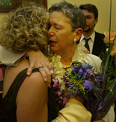 Pali Cooper, left, hugs partner Jeanne Rizzo after learning that they could not be married.