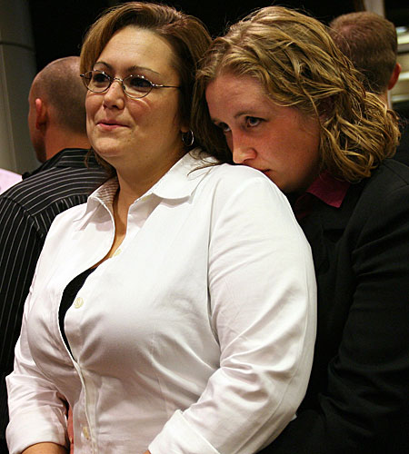 Charise Miros, left, and her partner, Jordan Bair, watch election returns on Colorado's referendum to create domestic partnerships.