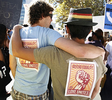 Proposition 8 foes rally in downtown Los Angeles.