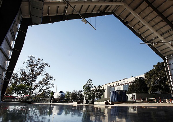 The space shuttle Endeavour sits outside its temporary hangar at the California Science Center.

