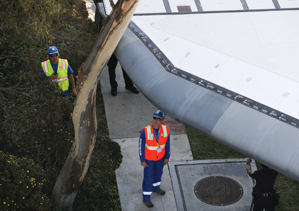 The Space Shuttle Endeavour barely makes its way past a tree as it slowly moves along city streets on a 160-wheeled carrier in Inglewood on Saturday.